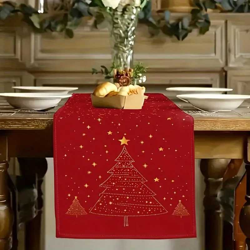 Red Golden Burgundy Christmas Table Runner White Tree Golden Stars Holiday Wedding New Year Decor H251211