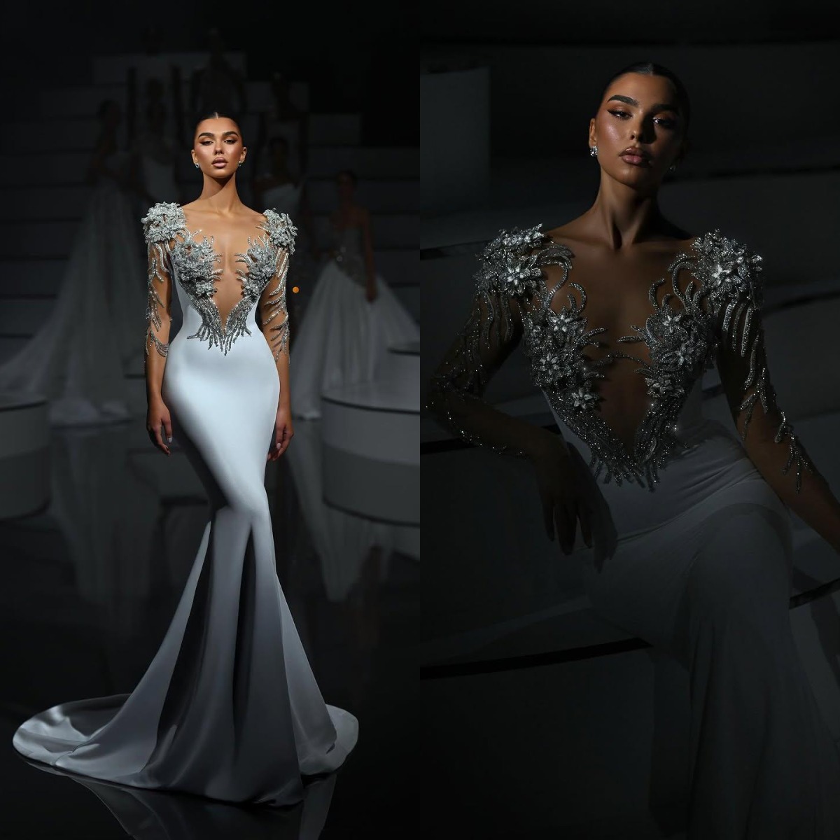 Sexy Mermaid Wedding Dress Sheer Neck Long Sleeves Bridal Gowns Appliques Sequins Sweep Train Dresses Custom Made vestidos