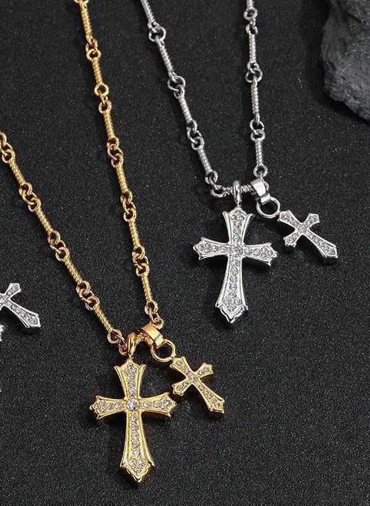 Hip Hop Cross Necklace for Men BoysStainless Steel AAA CZ Stone Double Cross PendantBirthday Anniversary Party Gift M251211
