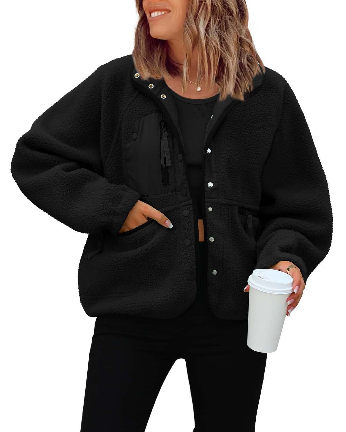 Women's Fuzzy Fleece Zipper Jacket Casual Fashion Long Sleeve Thick Slim Pocket Coats Outwear Versatile Solid Color Fit Lightweight Jacket Autumn