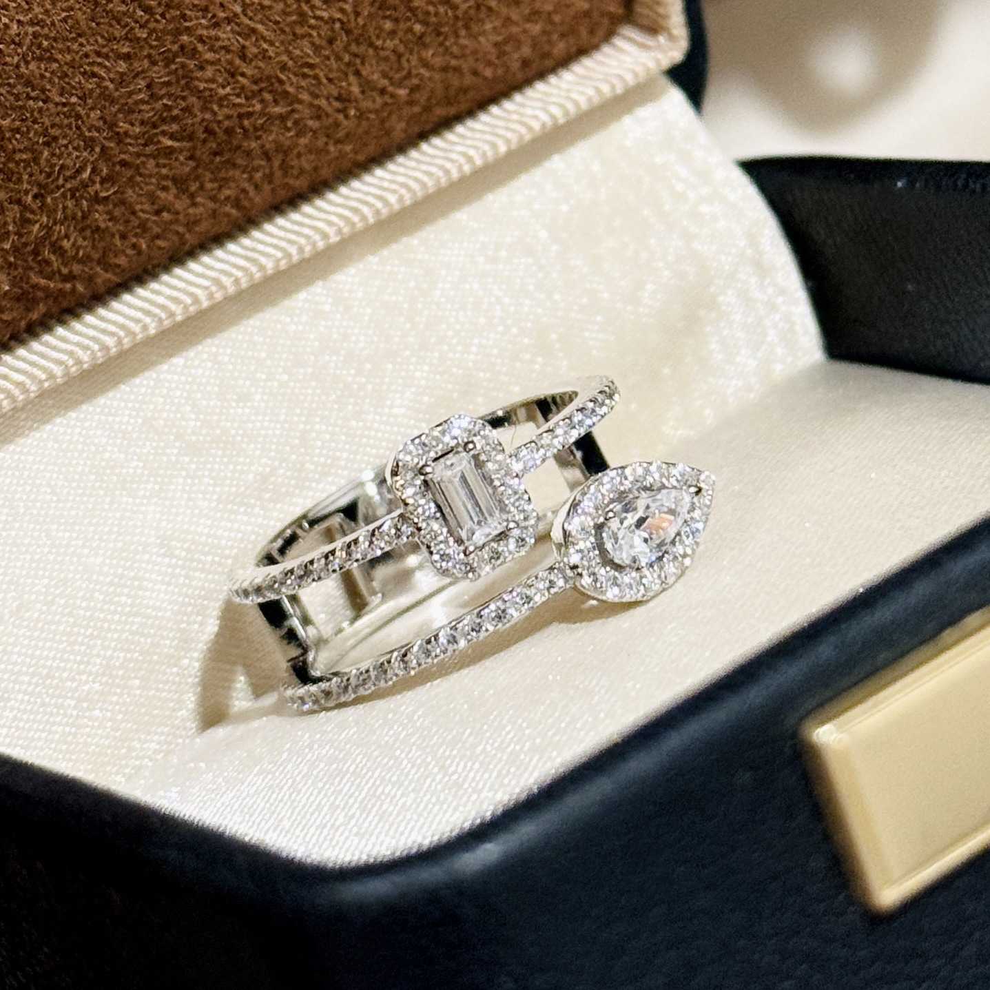 S925 silver double-row diamond double-diamond ring, square-cut diamond, teardrop-cut diamond, with a light luxury design feel R251211