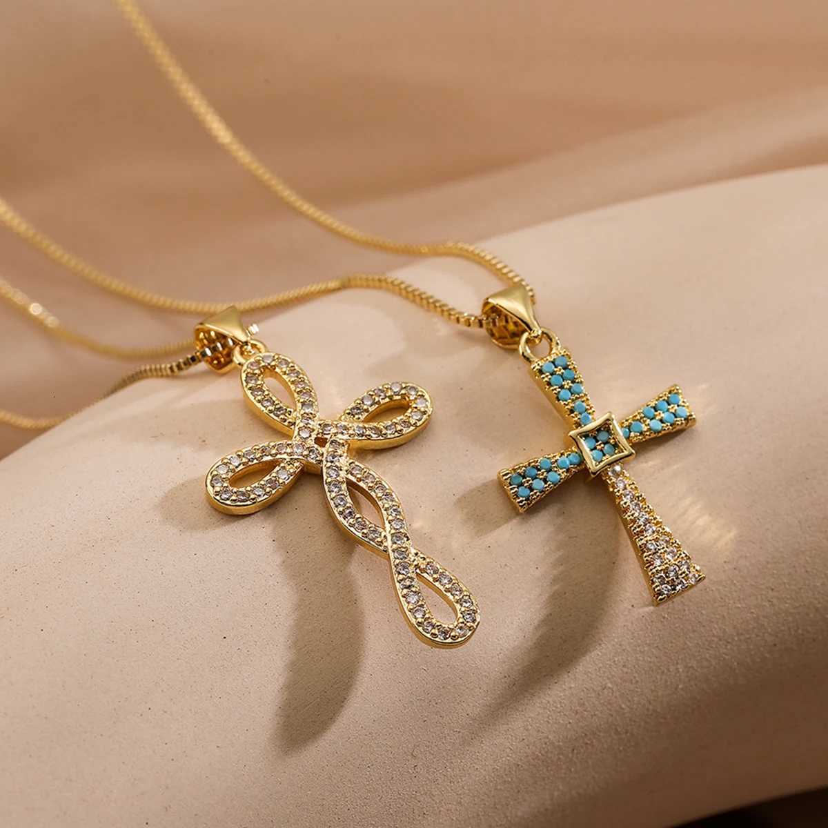 Vintage Cross Pendant Necklaces For Women GirlsDelicate Cubic Zirconia Accessories Stainless Steel Chain Jewelry Gift M251211