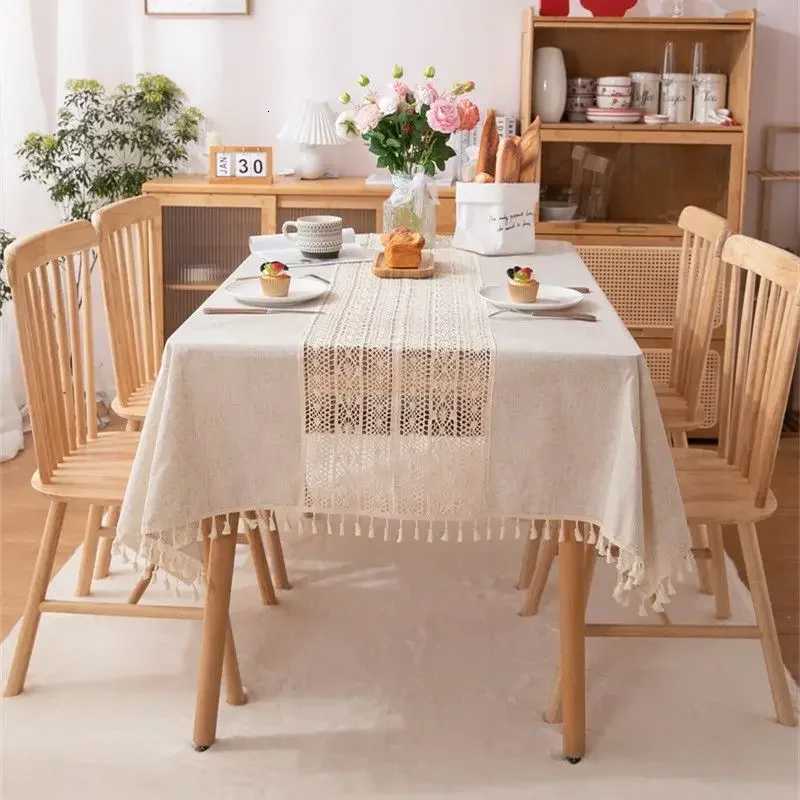 Rustic Table Cloth Rectangle Hollow Splicing Farmhouse Style Washable Tassel Tablecloth Kitchen Dining Room Christmas Decoration H251211