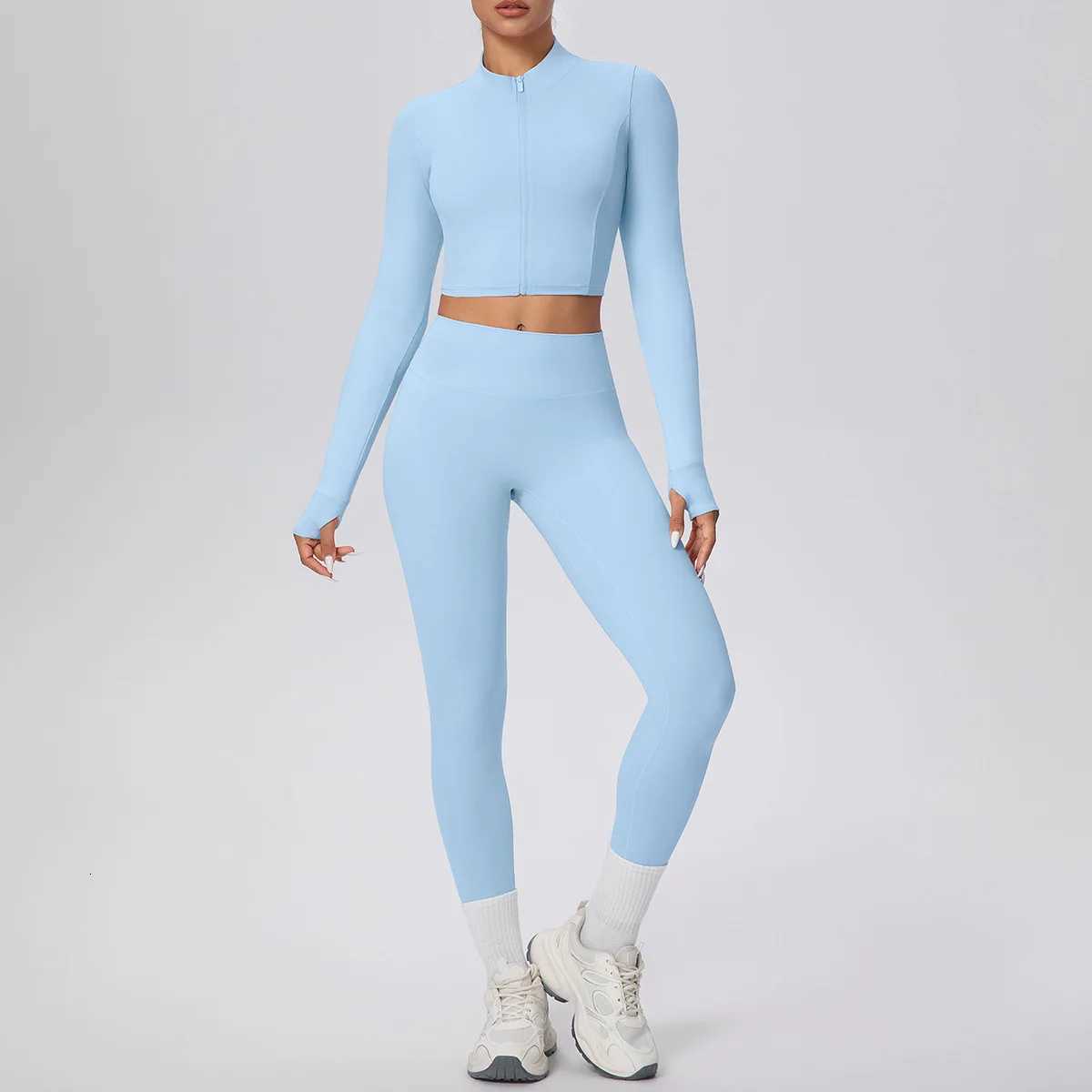 2PCS Woman Quick Drying Solid Color Zipper Long Sleeves Yoga Fitness Pants Set Gym Push Up Running Cycling Sports Yoga SetT251211