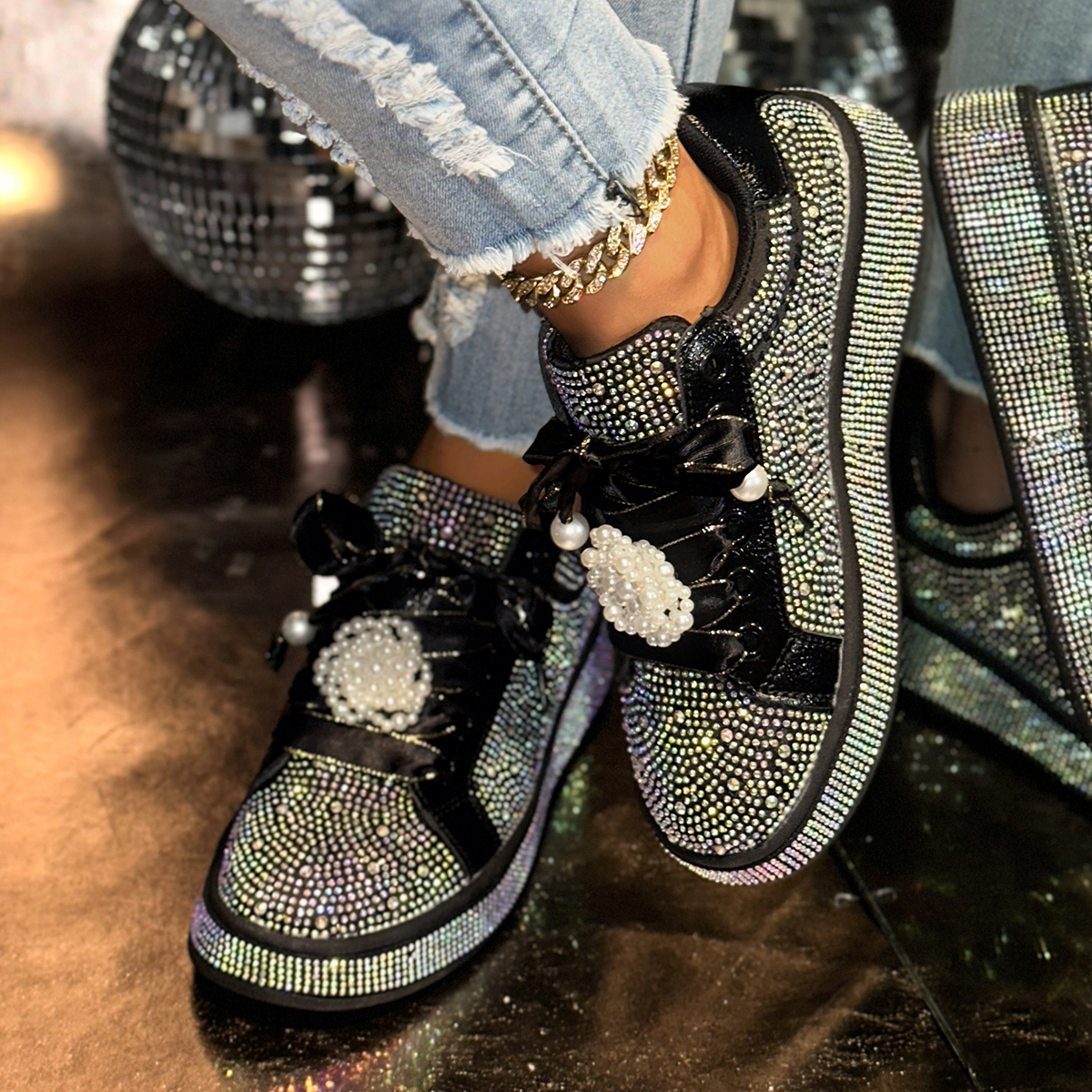 Brand Women's Sneakers Luxury Rhinestones Women Causal Shoes Designer Platform Sport Shoes Fashion Pearl White Shoes Comfort Women Shoes Plus Siz