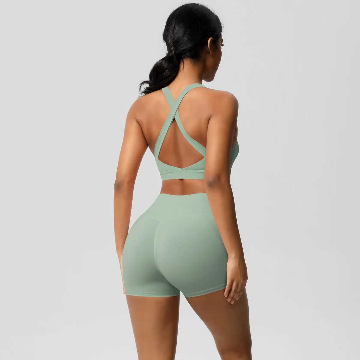 2Piece Women Yoga Clothes Crossover Back Sports Underwear Gym Sports Crop Tops Running Cycling Sports Gym Shorts Quick-DryingT251211