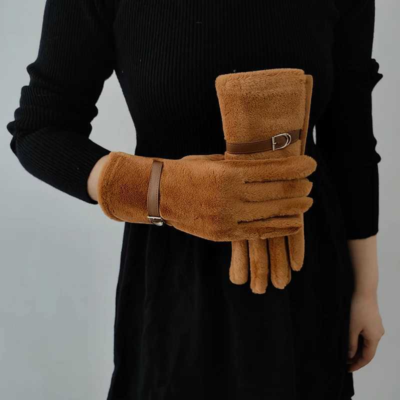Fashion Elegant Suede Touch Screen Keep Warm Winter Women Gloves Imitate Rabbit Fur Soft Windproof Leather Buckle Soft Y251211