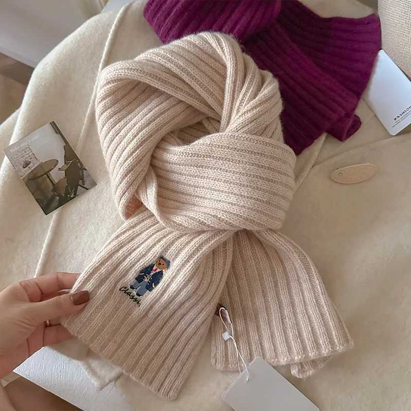100 New Women Wool Scarf Cartoon Embroidered Bear Shawl Winter Warm Knitting Bandana Lady Wool Blanket Scarves Echarpe Y251211