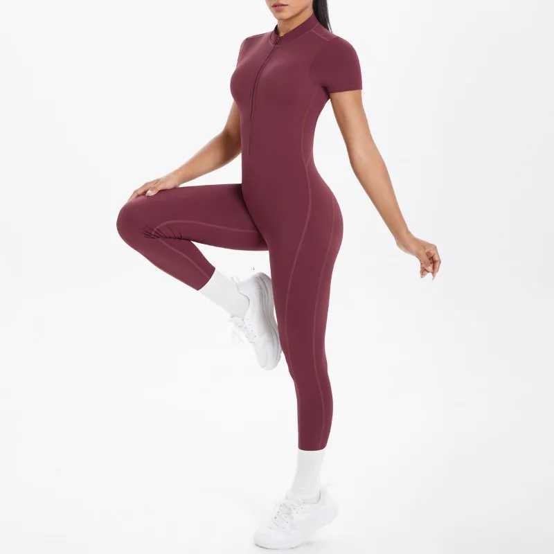 New Womens Yoga Jumpsuit Front Zipper Tight Back Hollow Out Short Sleeve-pants Fitness Running Gym Workout SuitT251211