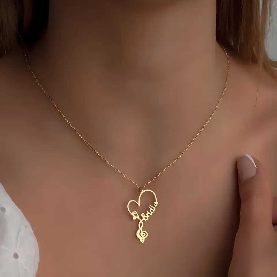 Personalized Golden - Toned Stainless Steel Treble Clef Name Necklace Ideal Gift for Teen Musicians Perfect for Anniversaries M251211