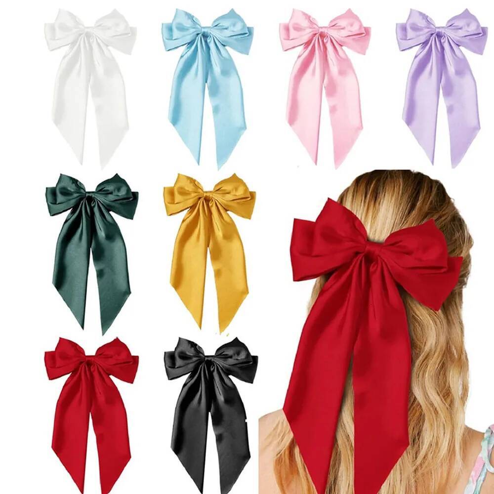 Ladies Satin Large White pink Red Blue Black Ribbon Oversized bow Long tail hair spring clip ponytail Hair accessorie ddmythur