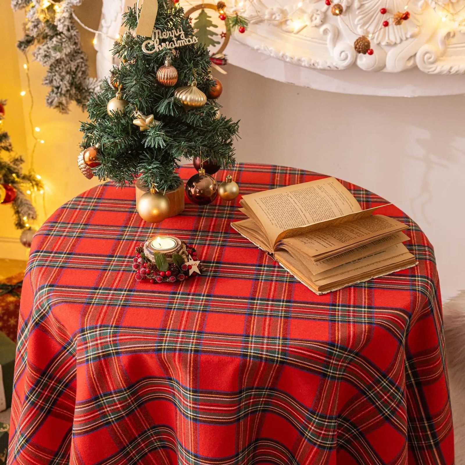 Round Christmas Tablecloth- Red Plaid Christmas Table Cloth Xmas Tablecloths for Dining Table Party Kitchen Decor H251211