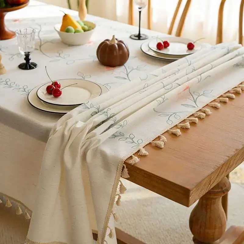 Cotton Linen Fabric Tablecloth Simple and Modern Waterproof Embroidered Dining Table Cloth Tea Table Cloth H251211
