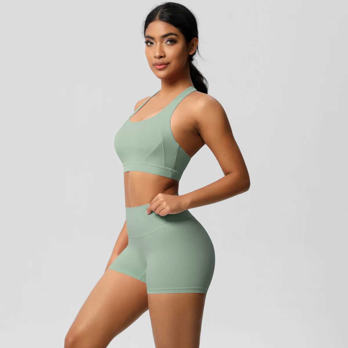 2Piece Women Yoga Clothes Crossover Back Sports Underwear Gym Sports Crop Tops Running Cycling Sports Gym Shorts Quick-DryingT251211