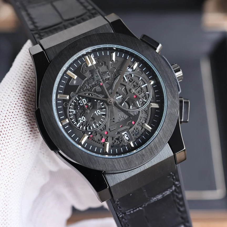 BIGS BANGs Quartz Movement Designer Mens Watch 43MM Pure Black Hollow Mechanical Dial Leather Strap Watch