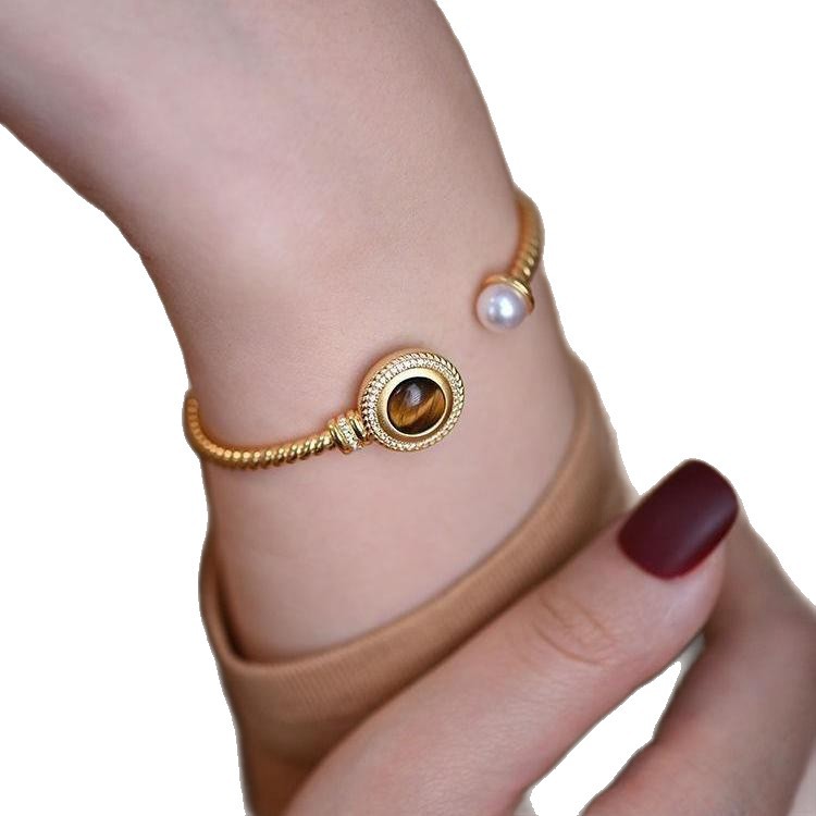 24K Real Gold Plated Tiger Eye Stone Pearl Geometric Open Vintage Fashion Bracelet Light Luxury High-end Jewelry