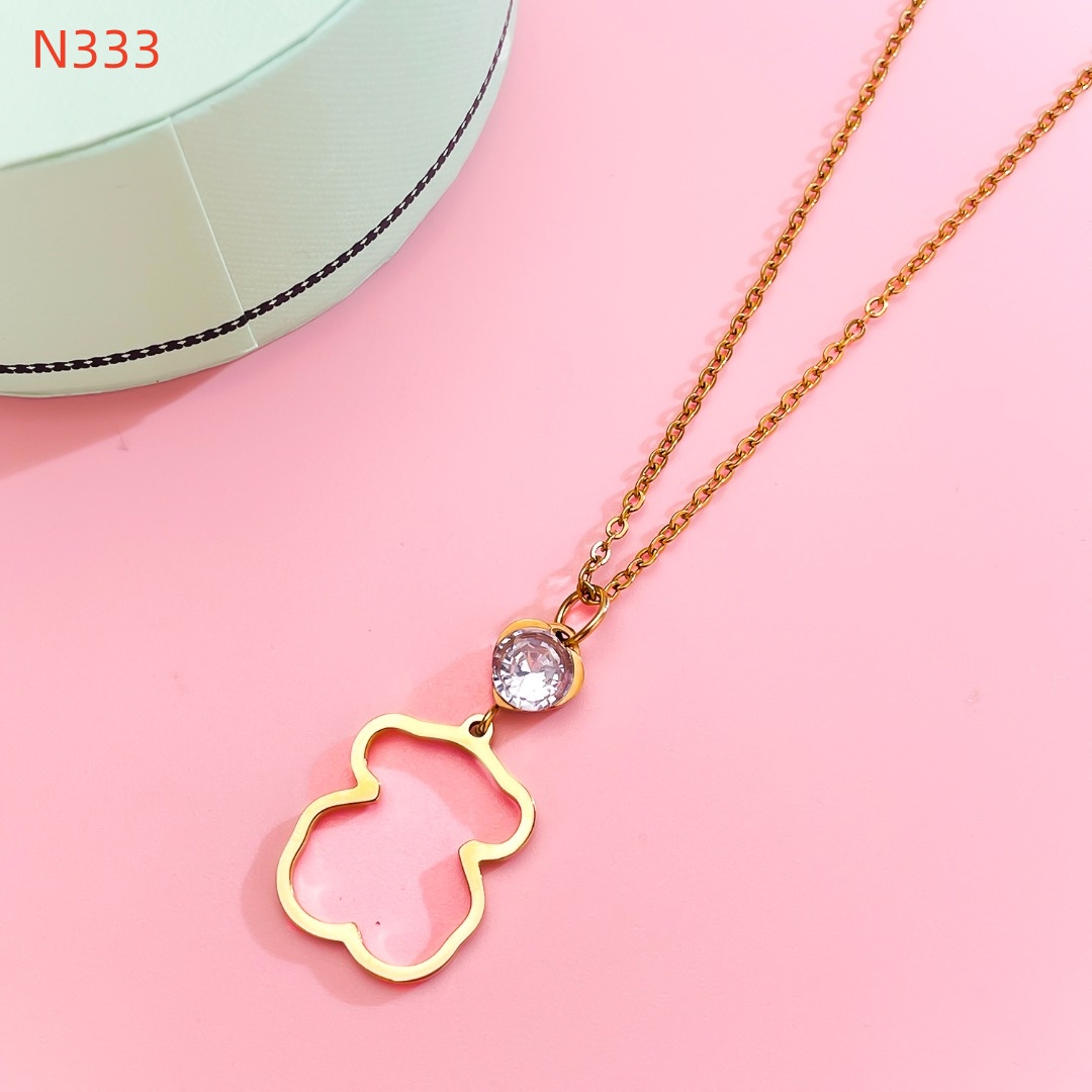 New Fashion Women Men Silver Gold Stainless Steel Span Bear Round Animal White Hollow Zircon Pendant Necklace Jewelry