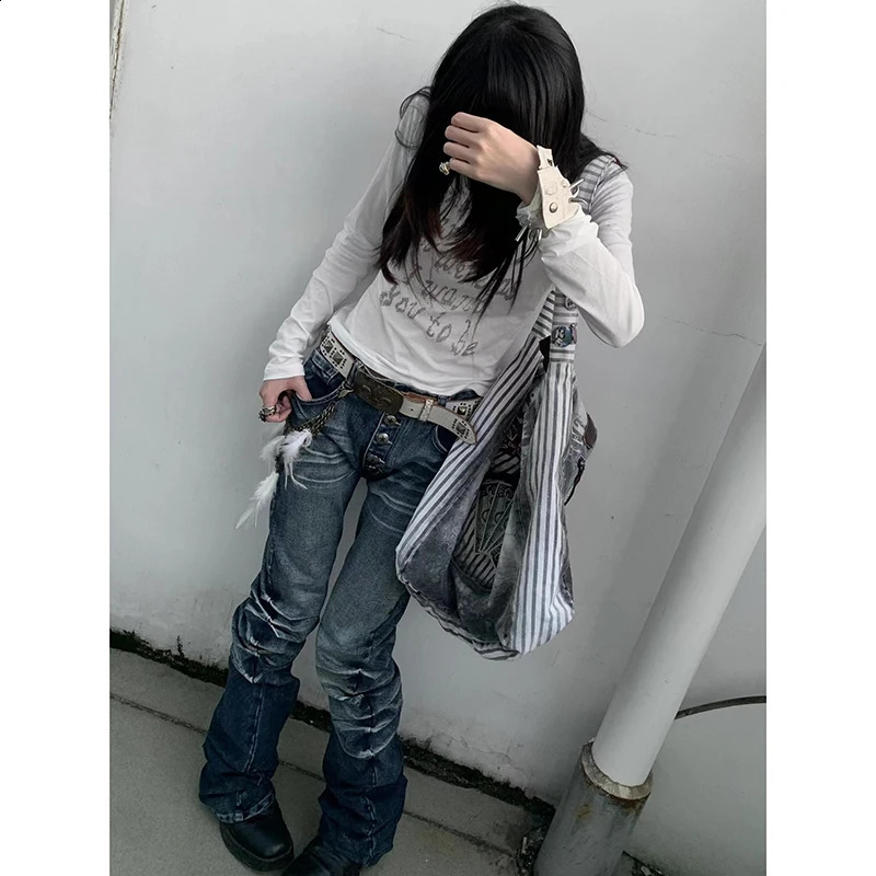 Washed Distressed Micro-flared for Women Stylish High Street Straight Jeans Harajuku Style Hip Hop Y2k Blue Trousers Z260313
