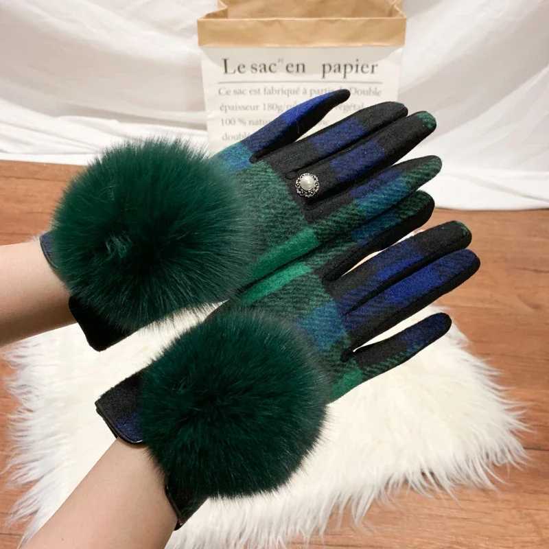 17 Designs Elegant Winter Gloves for Women Classic Plaid Fox Fur Pompom Touch Screen Plush Lining Thick Gloves Female Gift Y251211