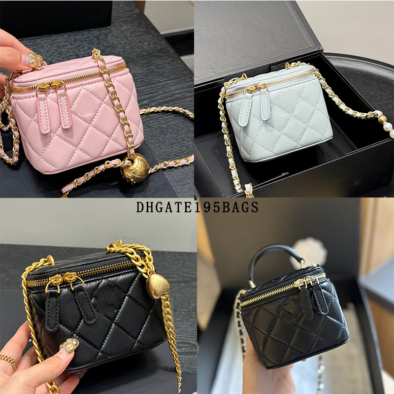 11cm Women Designer Makeup Bag Sheepskin Caviar Leather Gold Ball Metal Hardware Chain Zipper Cosmetic Case Purse Shoulder Cross Body Handbag