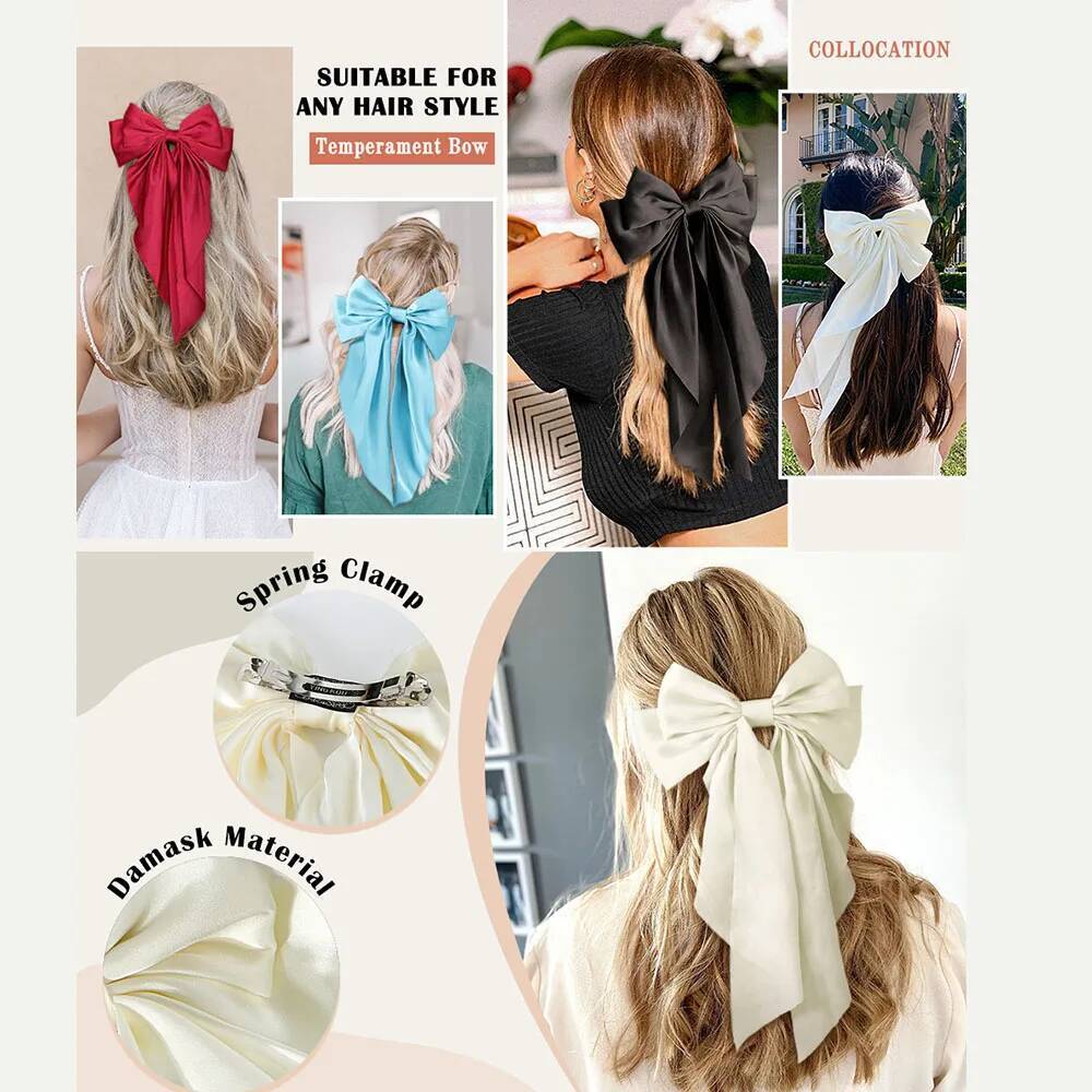 Ladies Satin Large White pink Red Blue Black Ribbon Oversized bow Long tail hair spring clip ponytail Hair accessorie ddmythur