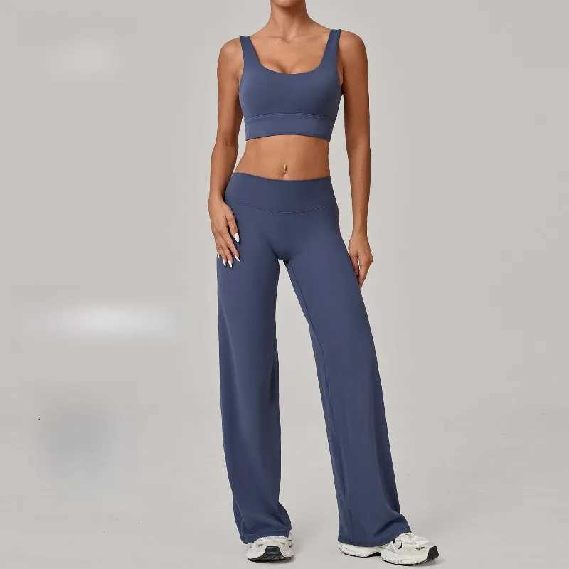 Women Yoga Set Double Shoulder Strap Bra Straight Leg Pants Quick Dry Gym Fitness Workout Clothes Outdoor Running Sports SetT251211