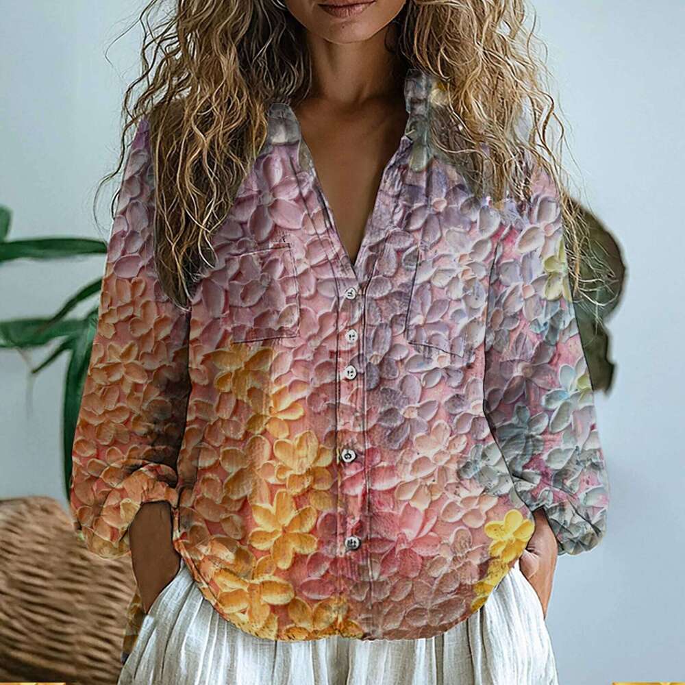 Women's Shirt V-Neck Printed Slimming Linen Fabric D-Shape Long Sleeve Casual Style Spring Comfortable Top Shirt