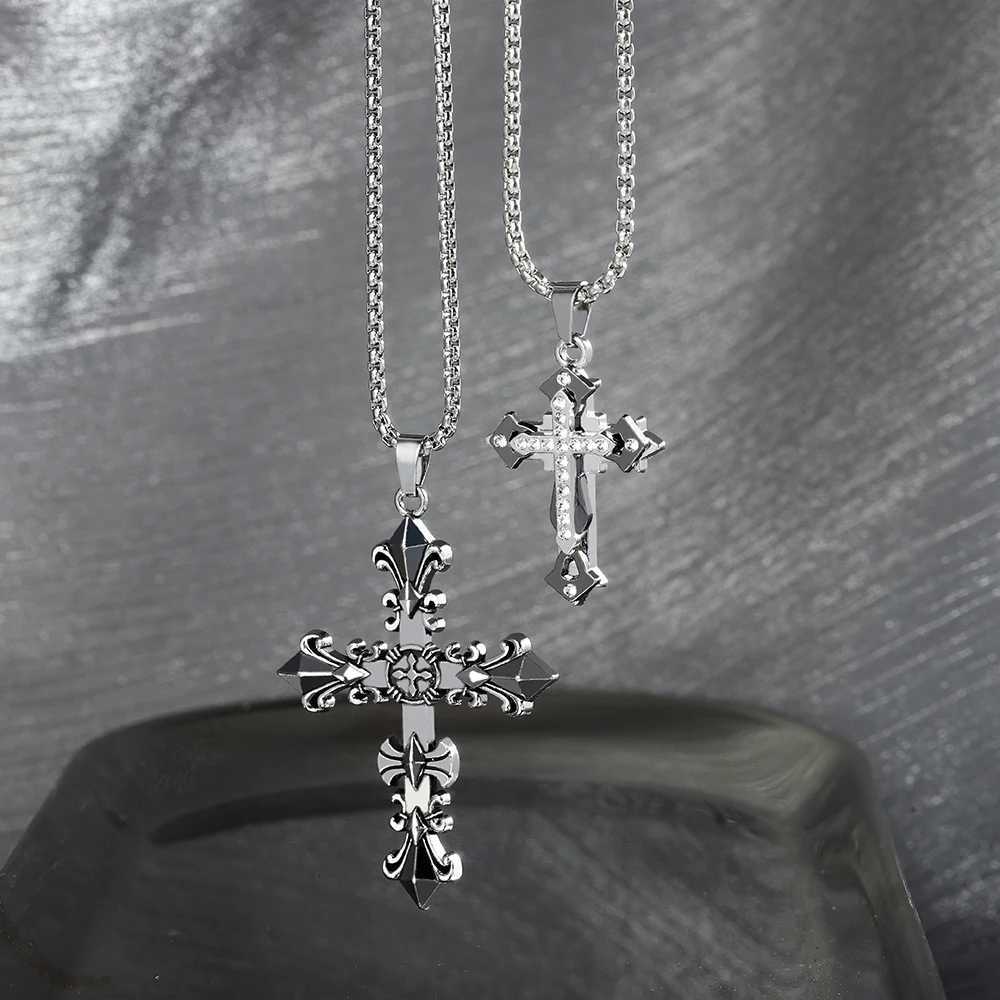 1pc Vintage Cross Pendant Necklace Men Stylish Gothic Style Inlay Diamonds Bilayer Cross With Stainless Steel Chain Jewelry Gift M251211