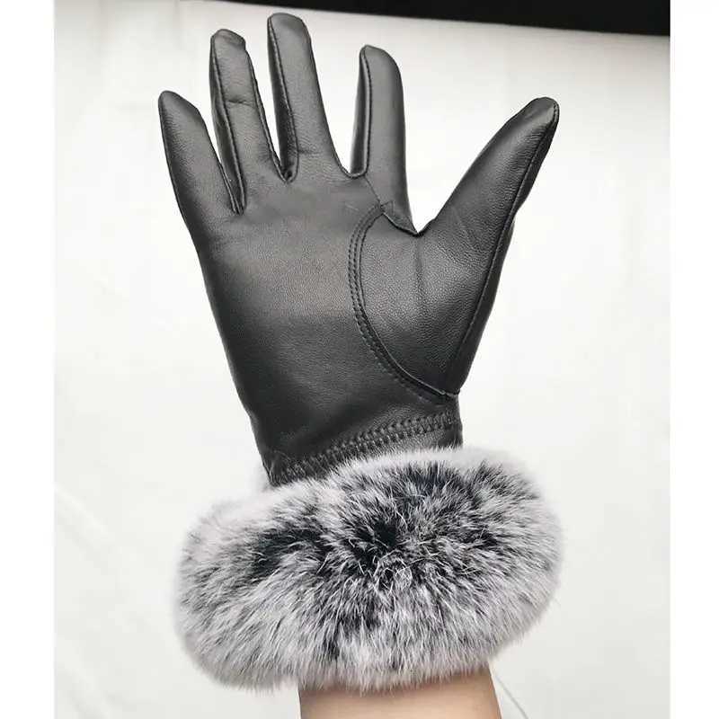 Women Winter Genuine Sheepskin leather Glove With Rex Rabbit Fur Cuff Warm Winter Female Genuine Leather Gloves Hand Warmer Y251211