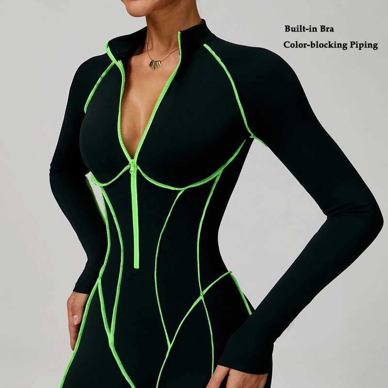 VITALINOVO Women Long Sleeve Workout Jumpsuit Zip Up Romper Bottom Pants Built-in Bra Bodysuit Bodycon Sexy One Piece ColorblockT251211