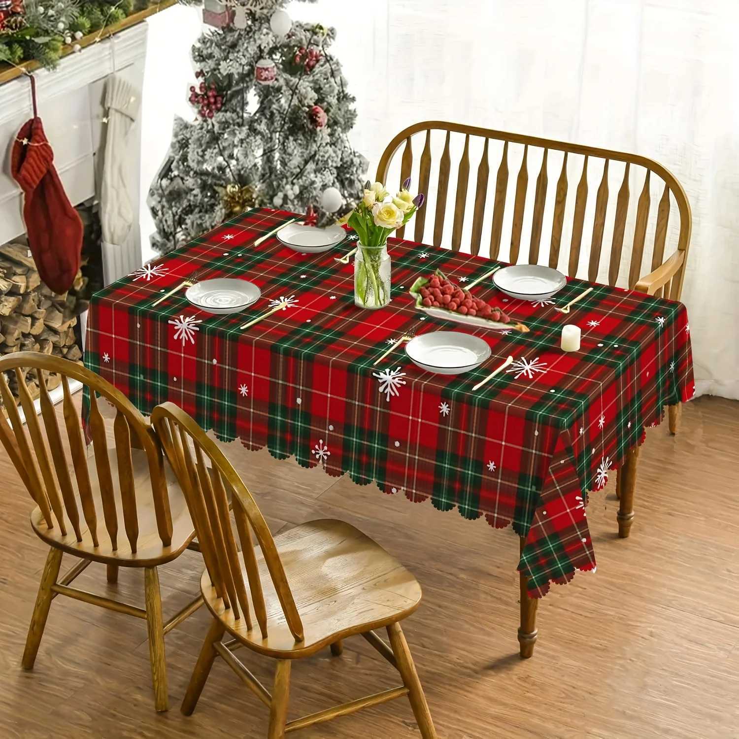Merry Christmas Snowflakes Plaid Tablecloth for Table Decor Winter Xmas Kitchen Dining Table Cloth Christmas Decoration H251211