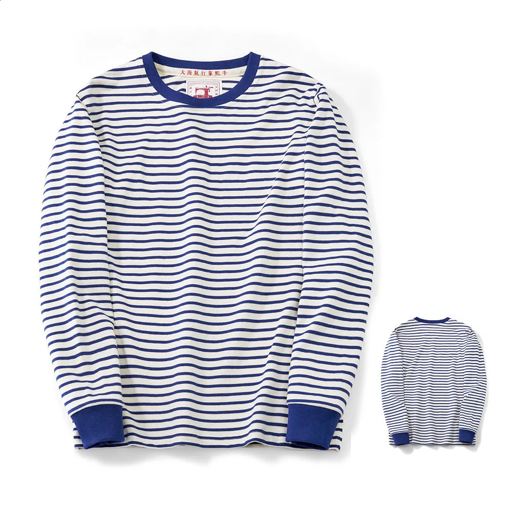 Winter Blue White Striped Long Sleeve T Shirt Men Japanese Retro Heavy Weight Cotton Casual Tops Lovers Shirt Streetwear 251211