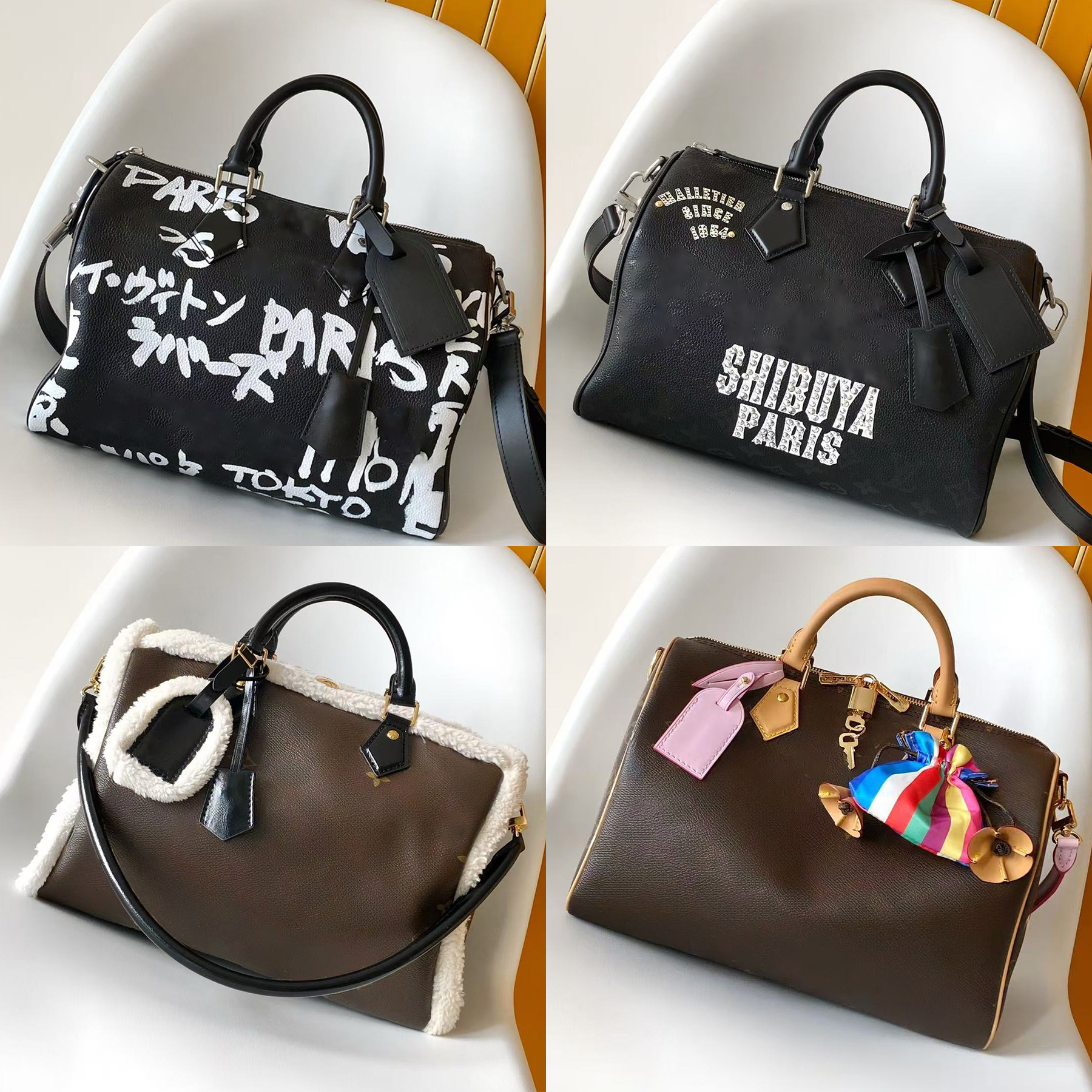 Top quality designer bag P9 handbag 25cm 30cm genuine leather crossbody bag Boston bag M13914 Mirror quality Black flowers