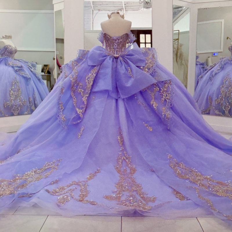 Lavender Shiny Quinceanera Dresses Off The Shoulder Gold Applique Beading Crystal Bow Tull Party Birthday Sweet 16 Dress Vestidos 15 De Anos