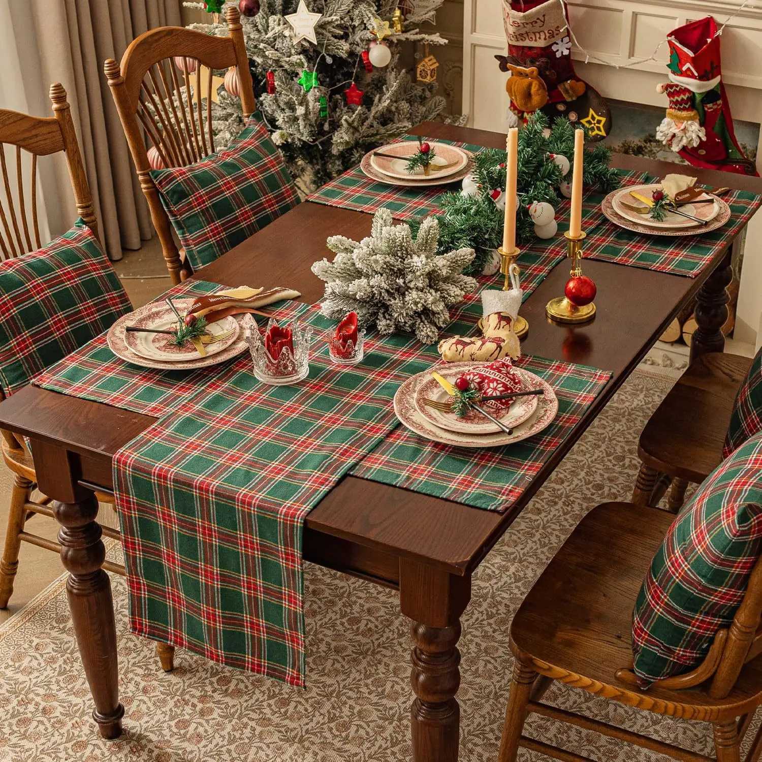 Green Plaid Christmas Table Runner decorative American retro fleece long table cloth/table mat for dining table H251211