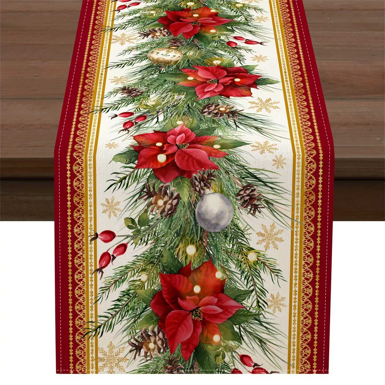 Christmas Poinsettia Pine Needle Linen Table Runner Party Decor Winter Holiday Kitchen Dining Table Runner Christmas Decorations H251211