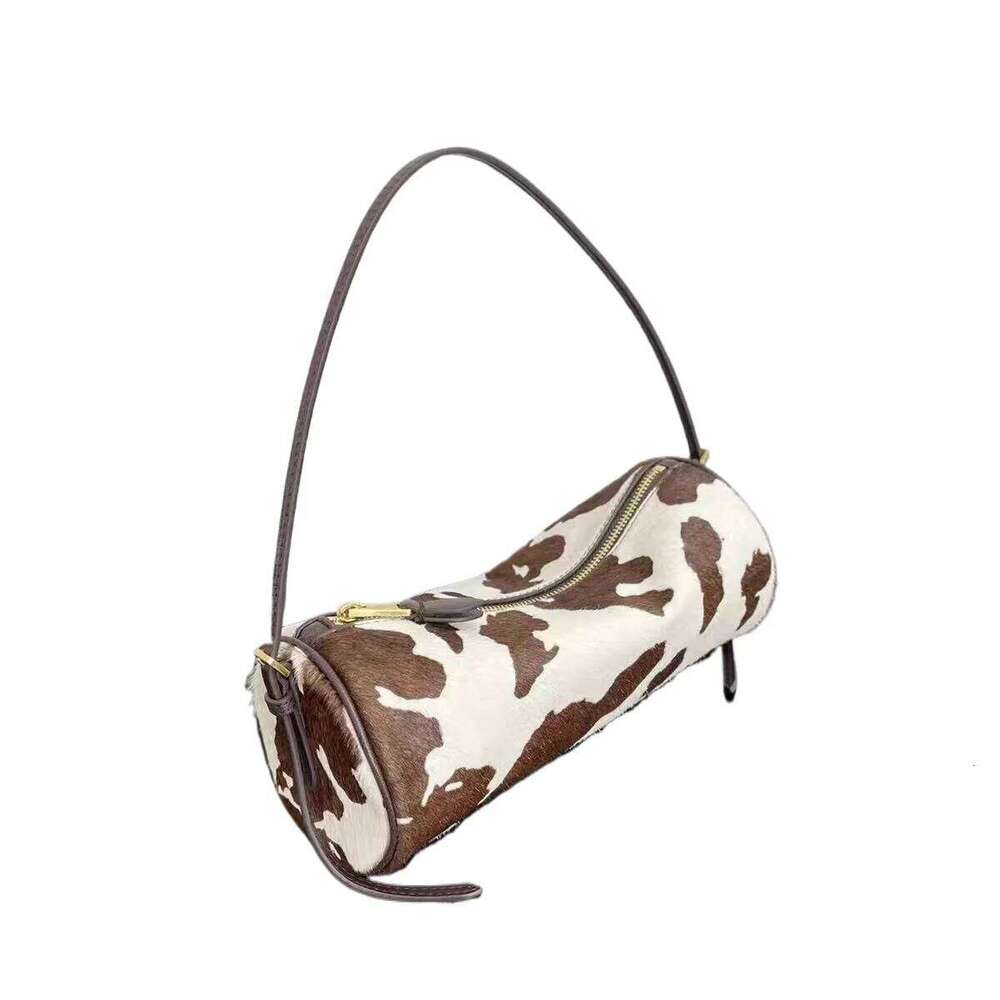 Niche Design Horizontal Barrel-Shaped Flap Cow-Print Real Leather / Fur Women Shoulder Crossbody Bag Small 251211