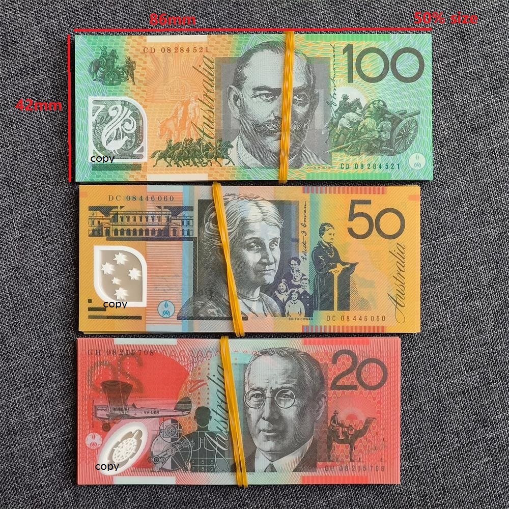 5A+ ULTRATHIN Australia Fake Money Polymer Dollar Australian Prop Money Notes 20 50 100 Australian-money-notes-50 Plastic Matte Effect 0.08mm 80*40mm 50% Size