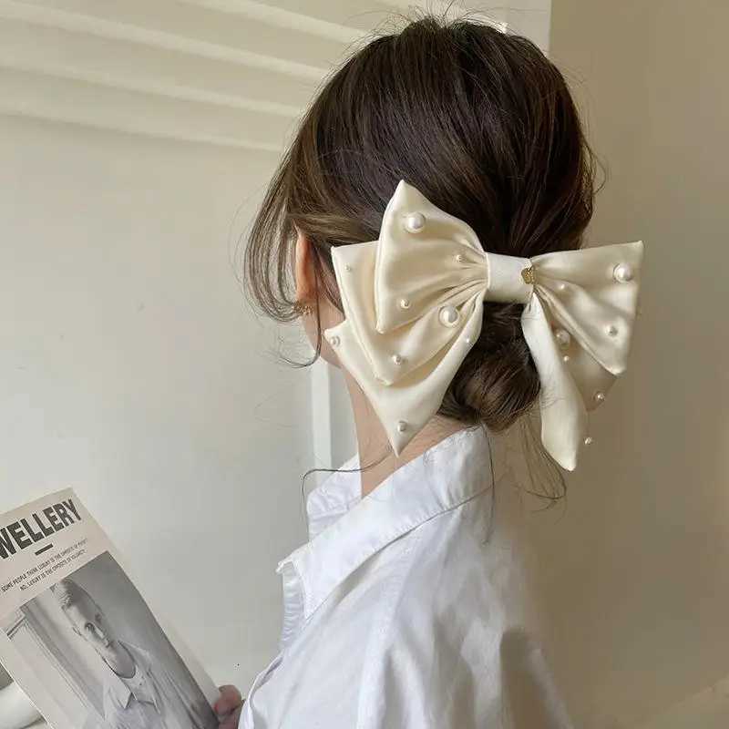 New Wen Girls Sweet Pearl Satin Bowknot Hair Clip Big Ribbon Bow Barrette Solid Color Scarf Hairpin Grip Ponytail Clip Y251210
