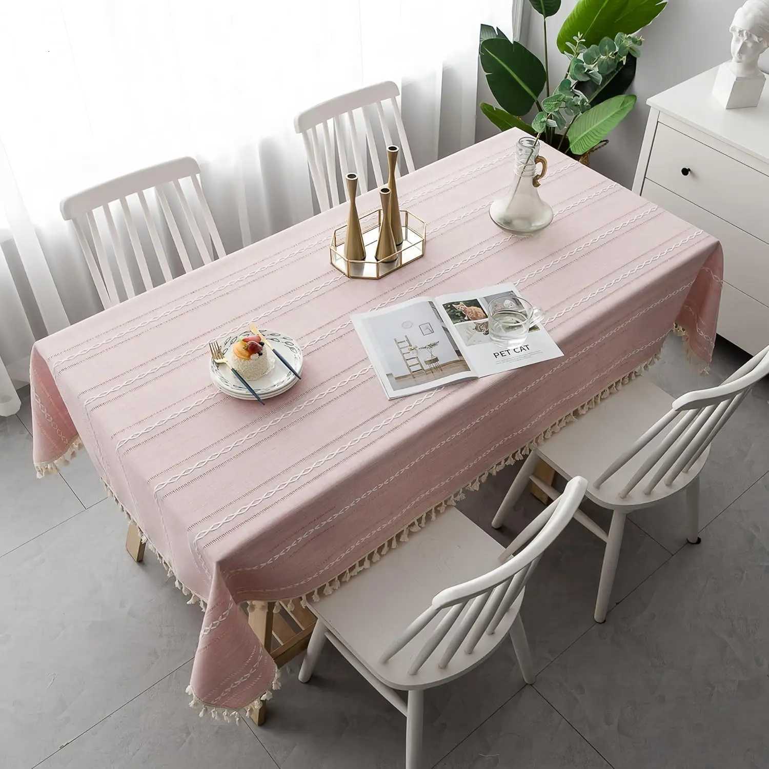 Tassel Tablecloth Pink Cotton Linen Soft Stripe Stain Resistant Dust-Proof Table Cover for Kitchen Dinning Tabletop Decoration H251211
