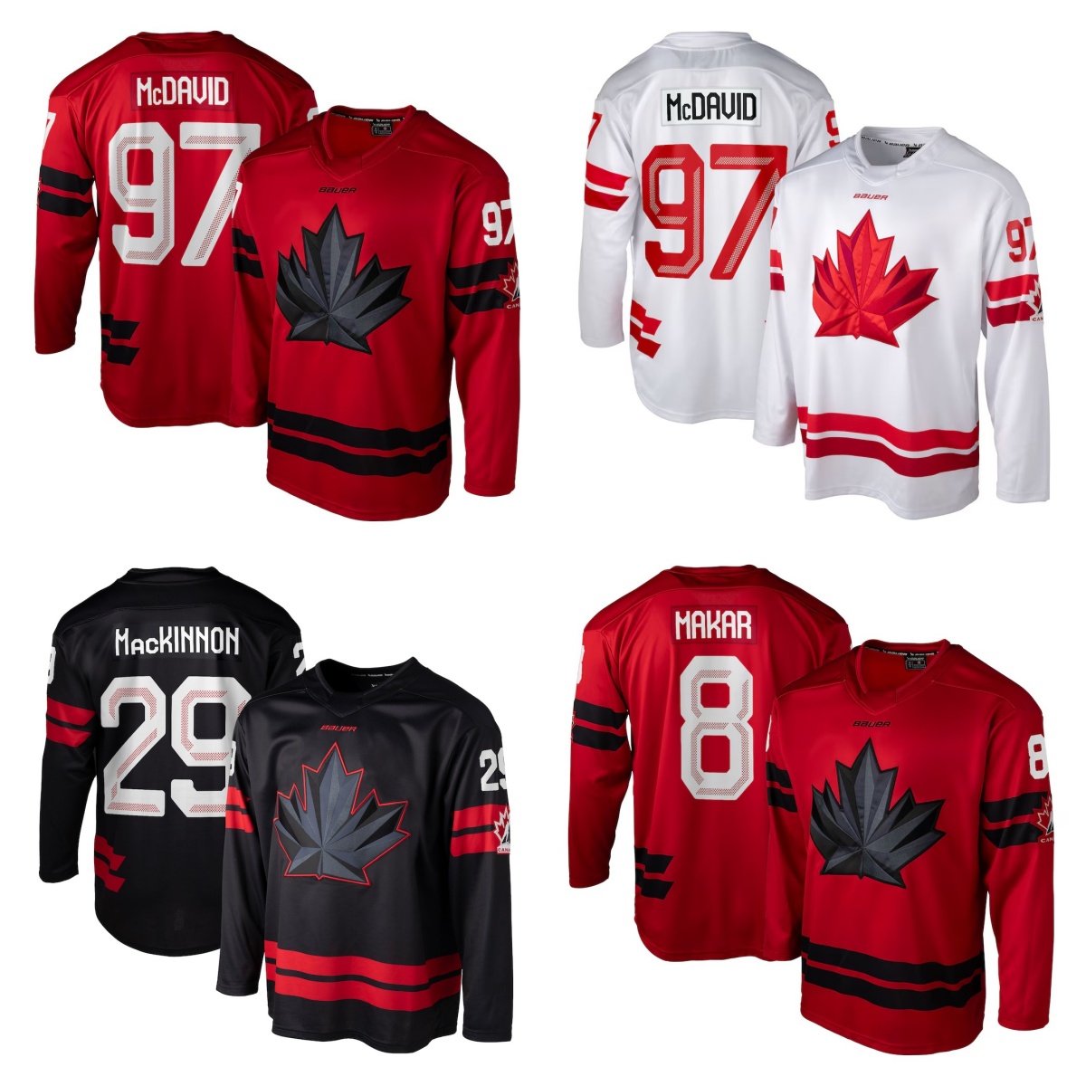 2026 Team Canada Mcdavid 97 Crosby 87 Mackinnon 29 Makar 8 Point 21 Reinhart 13 Marchand 63 Hockey Jerseys Red Black White Size S-XXXL Stitched Men's Jersey Fanatic