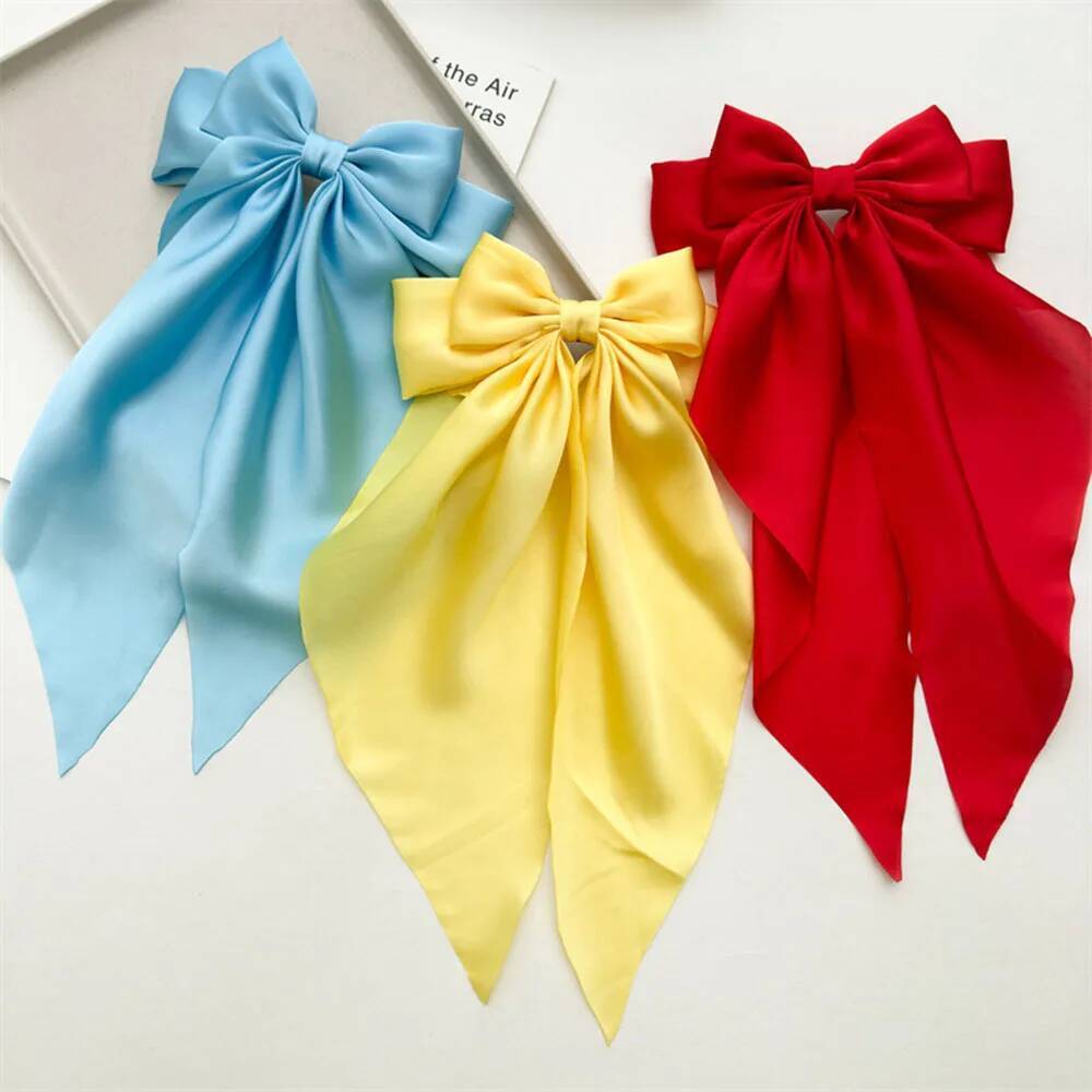 Ladies Satin Large White pink Red Blue Black Ribbon Oversized bow Long tail hair spring clip ponytail Hair accessorie ddmythur