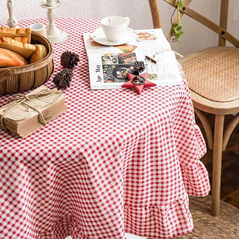 Red White Plaid Christmas Tablecloth Ruffled Round/Rectangular Tablecover for Vintage Kitchen Dinning Wedding Decoration H251211