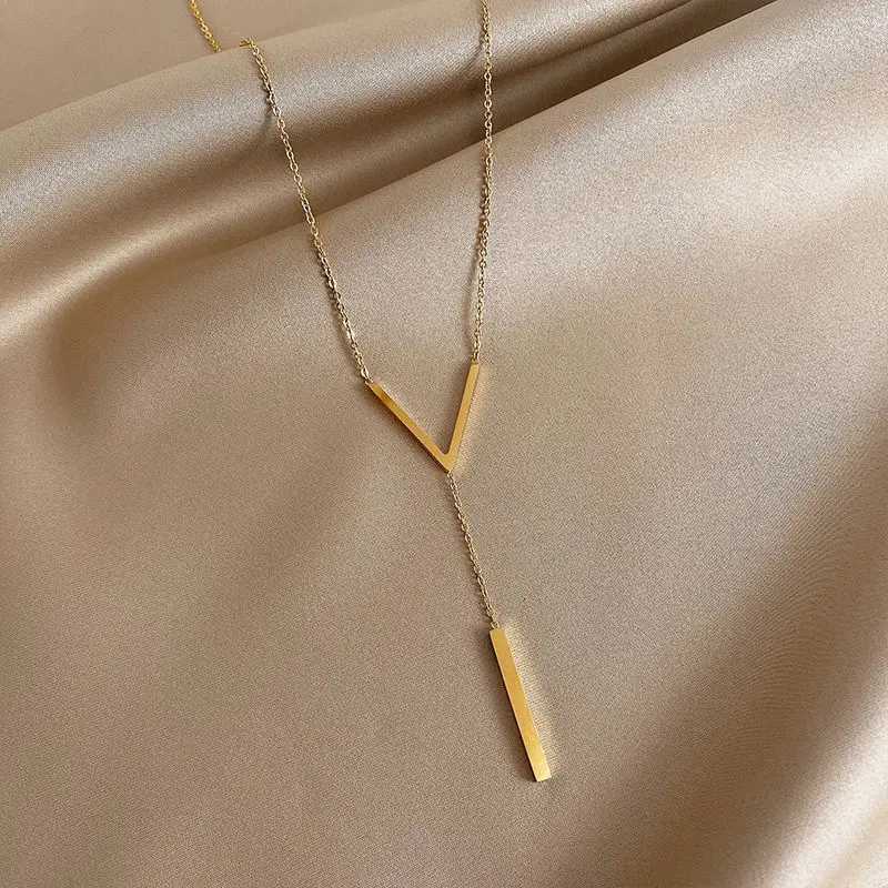 Fashion V-shaped Long Sexy Clavicle Necklace for Women Stainless Steel Gold Colour Chain Necklace Party Jewelry Collar De Mujer M251211