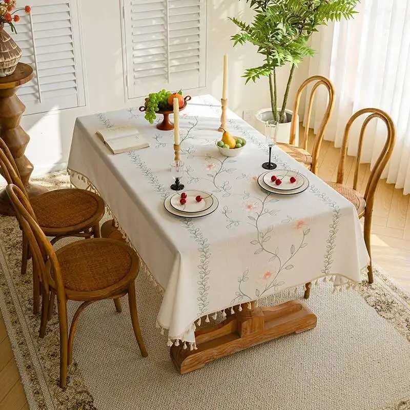 Cotton Linen Fabric Tablecloth Simple and Modern Waterproof Embroidered Dining Table Cloth Tea Table Cloth H251211