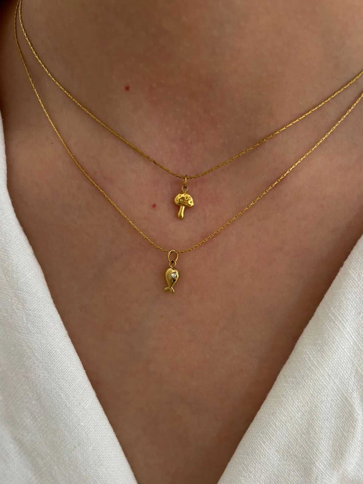 GHIDBK Minimalist 18K Gold Plated Mushroom Small Whale Pendant Necklaces Dainty Fashion Stainless Steel Daily Jewelry for Women M251211