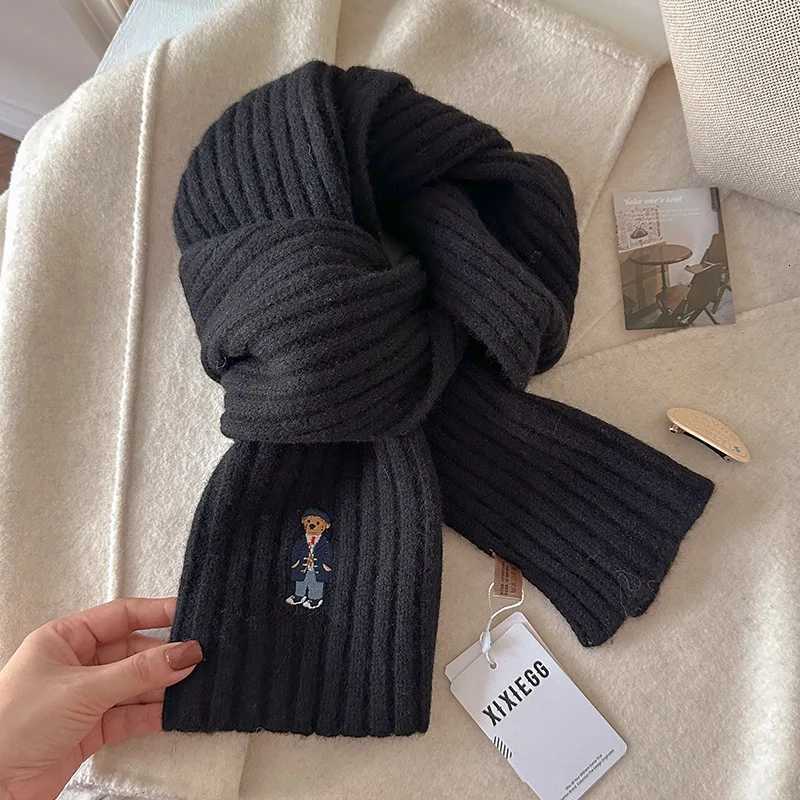 100 New Women Wool Scarf Cartoon Embroidered Bear Shawl Winter Warm Knitting Bandana Lady Wool Blanket Scarves Echarpe Y251211