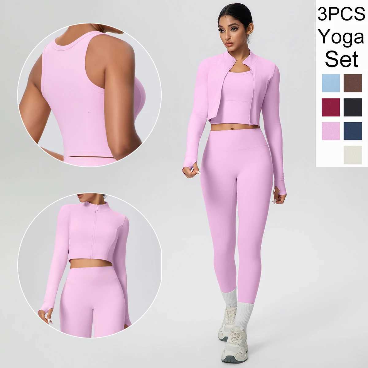 3Pieces Skin-friendly Solid Color Yoga Three Piece Set Zipper Long Sleeves Yoga Workout Top High Stretch Women Leggings Yoga SetT251211