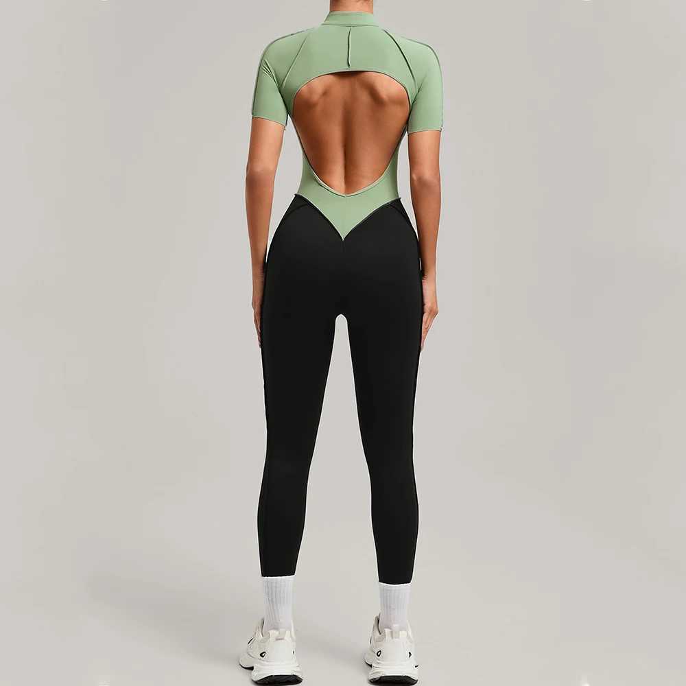 Womens Jumpsuits One-Piece Suit Long Sleeved Yoga Set Gym Workout Clothes Color Blocked Fitness Bodysuit Sportswear TracksuitT251211