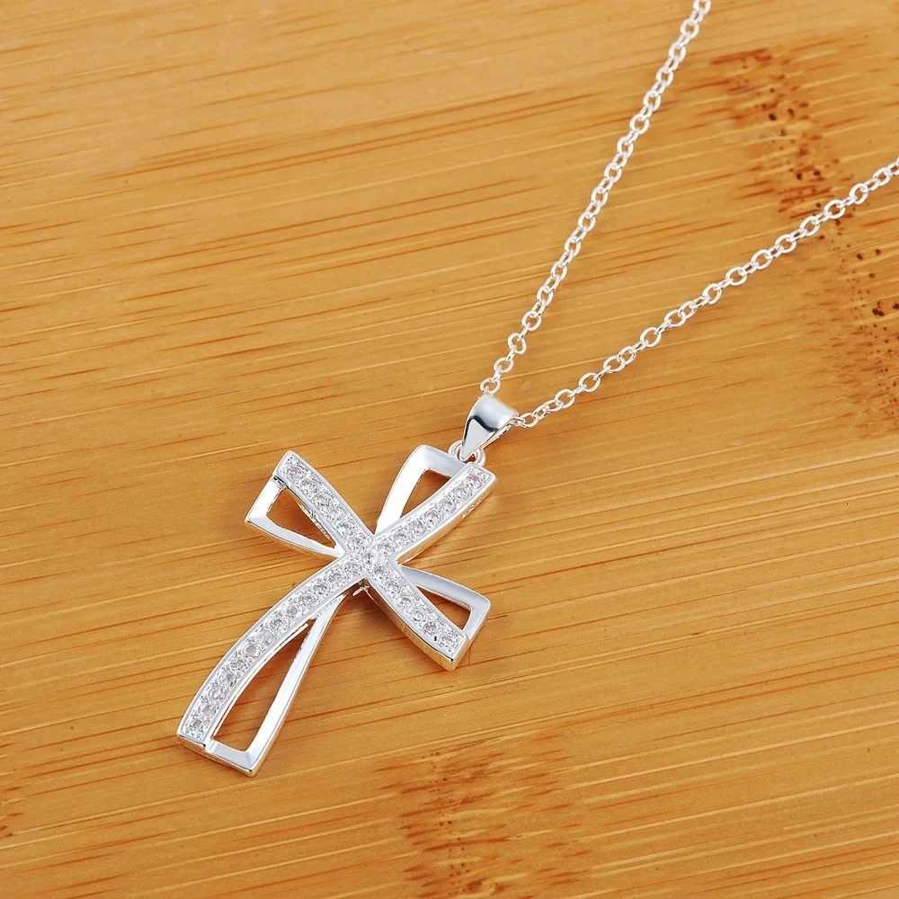Promotions 45cm 925 sterling silver necklace charm for women cyrstal Cross pendant chain jewelry fashion cute wedding party M251211